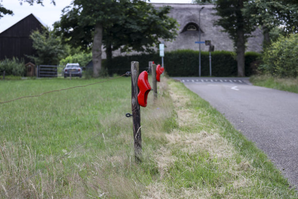 在Oldebroek名为clogsroute的徒步路线的栅栏上有红色木屐图片下载