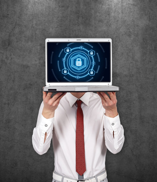 商人手持笔记本电脑与数字地球接口图片下载