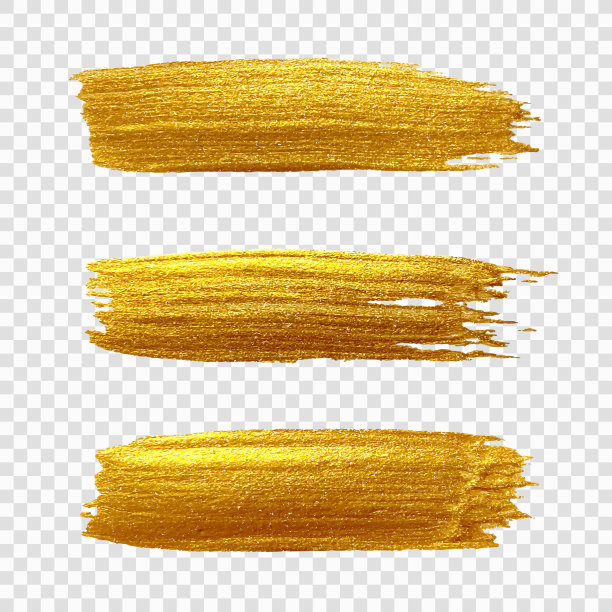 金色油漆笔触。一套金光闪闪的涂漆。真实的金色笔触与金属效果的透明背景图片下载
