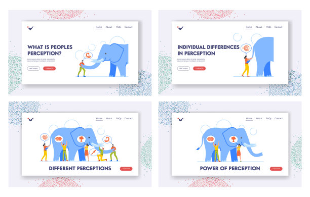 不同感知登陆页模板集。蒙住眼睛的人触摸大象的部位。盲目的人物的观点图片下载