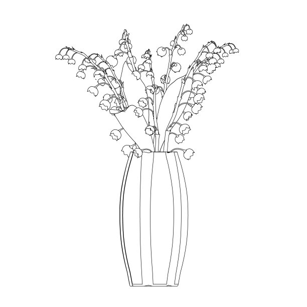花瓶里的百合花的轮廓，黑色的线条孤立在白色的背景上。花瓶里的花。前视图。3 d。矢量插图。图片下载
