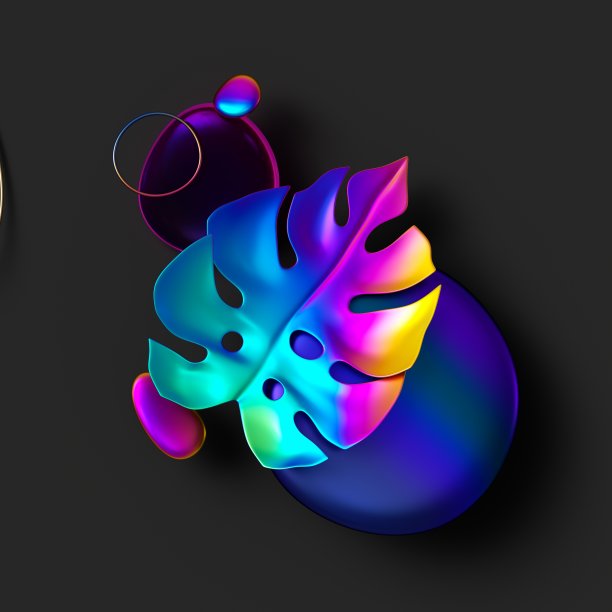 3d渲染，抽象的黑色背景与彩色彩虹玻璃形状，光滑的鹅卵石和热带怪兽叶图片下载