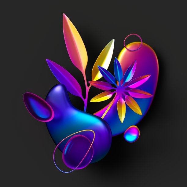 3d渲染，抽象的黑色背景与彩色彩虹玻璃形状，光滑的鹅卵石和全息箔热带树叶图片下载