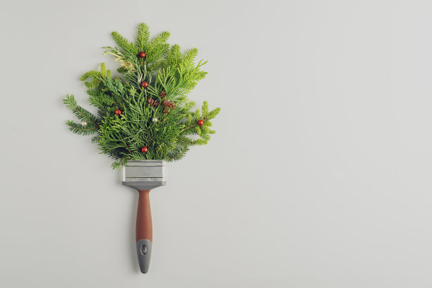 创意圣诞概念在白色背景与复制空间。用云杉树枝和圣诞球做的画笔。图片下载