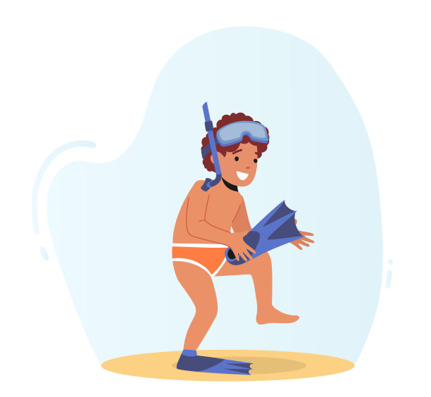 快乐的宝宝戴着鳍状脚蹼，戴着面罩，在沙滩上玩钢管图片下载