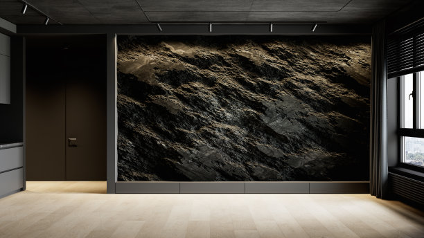 当代的黑色空室内与岩石石墙。3d渲染插图模型。图片下载