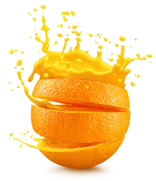 在白色的背景上，切片的橘子溅起橙汁。概念喝背景。图片下载