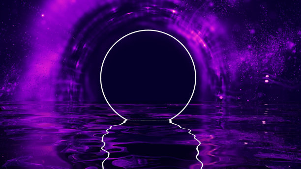 抽象的霓虹灯圆。抽象房间科幻插画。霓虹辉光复古的80年代背景。复古未来3d插图。未来主义的背景图片下载