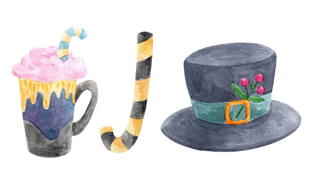 新年水彩元素套装。圣诞帽，糖果和一杯奶昔。图片下载