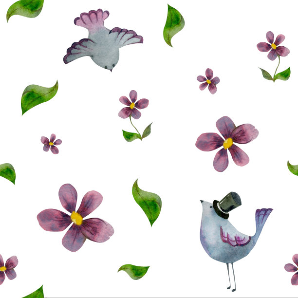 水彩手绘无缝图案，绿叶，花鸟，孤立在白色背景。设计卡片，礼品袋，邀请，纺织，印刷，墙纸，为儿童图片下载