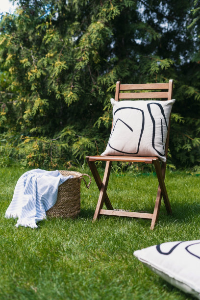 户外绿色草坪上的带枕头的木椅图片下载