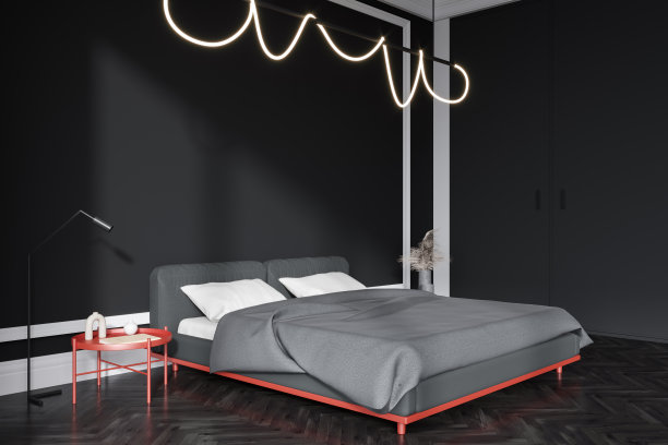 黑色卧室内部有床和床头柜上的装饰。模型墙图片下载