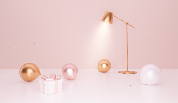 庆祝活动的背景。空空的房间里放着气球，被落地灯和礼物照亮。光源，泛光灯。最小场景模型概念。3 d渲染图像图片下载