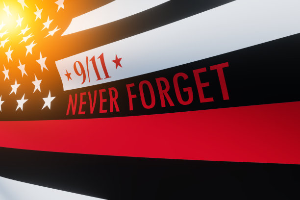 细红线消防旗帜与光点。对2001年11月9日牺牲的消防官兵的缅怀。图片下载