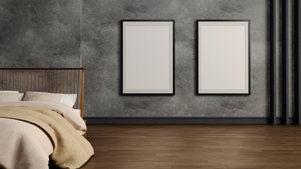 舒适的卧室区域在豪华的工作室公寓与双空墙框和邋遢的墙背景3D渲染图片下载