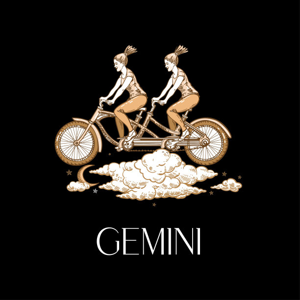 十二星座双子座。两个女孩在云上骑自行车。的星座。占星术。图形。图片下载