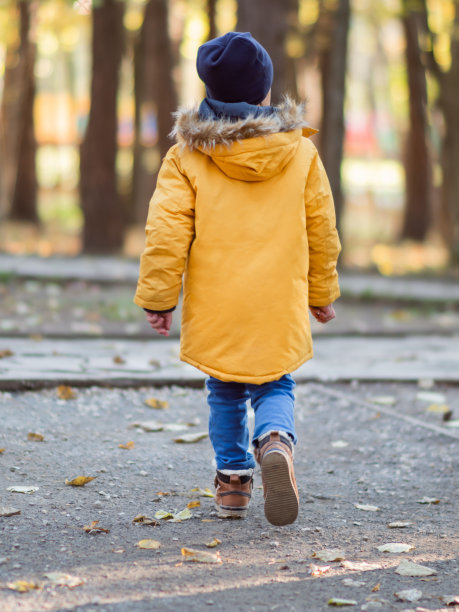 穿黄夹克的小男孩在公园散步。秋天的阳光灿烂的日子。在户外休闲活动。秋天的季节。后面的观点。图片下载