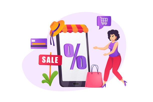 打折市场理念以平铺风格与人相处图片下载