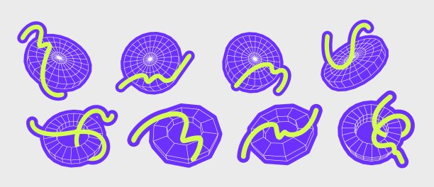 一组抽象几何形状的贴纸。平面矢量插图与三维线框模型。概念迷幻技术风格。图片下载