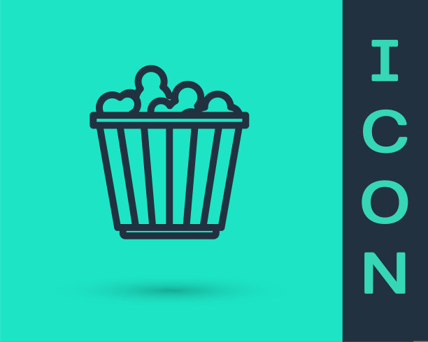 黑线爆米花在纸板箱图标孤立在绿色背景。爆米花桶框。向量图片下载