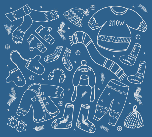 蓝色背景上线性风格的冬季服装。毛衣，帽子，手套，袜子，毛毡靴，夹克，裤子。孤立的矢量图。适合各种设计图片下载