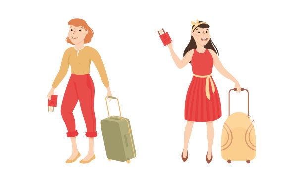 女游客与手提箱和行李在机场矢量集图片下载