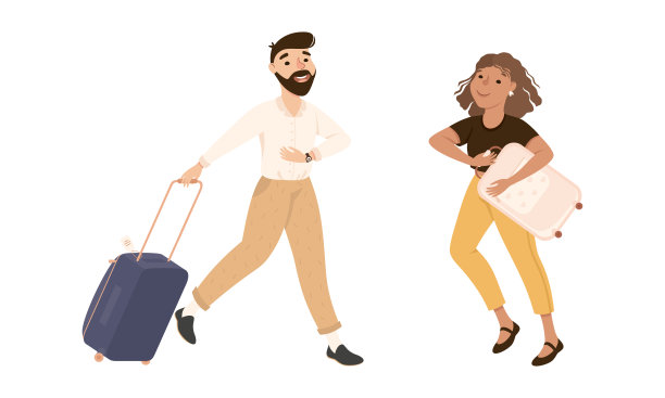 男人和女人游客的性格与手提箱和行李在机场矢量集图片下载