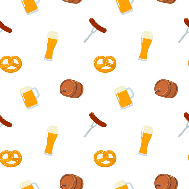 品脱啤酒，桶，椒盐卷饼和香肠无缝模式在平坦的涂鸦风格为啤酒节。手工绘制的庆祝背景矢量插图图片下载