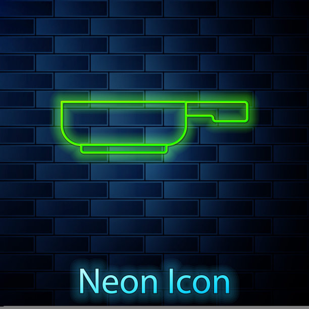 发光的霓虹灯线煎锅图标孤立的砖墙背景。油炸或烧烤食物的象征。向量图片下载