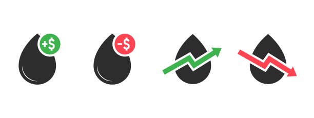 油滴图标设置。油价涨跌构成。黑色扁平风格的图标，绿色和红色的价格通知和图表线。白色背景上孤立的一组矢量图标。图片下载