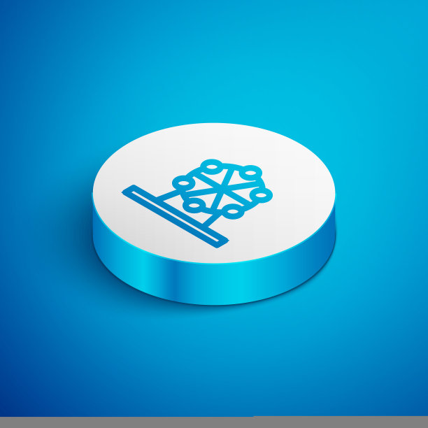 等距线摩天轮图标孤立在蓝色背景。游乐园。儿童娱乐游乐场、娱乐公园。白色的圆按钮。向量图片下载