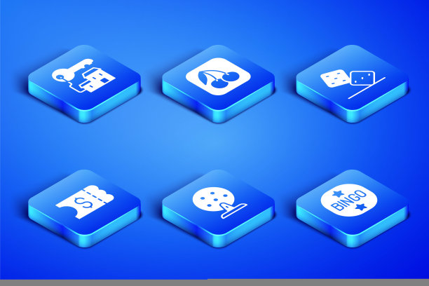 设置宾果，中奖屋与钥匙，彩票机，彩票，槽樱桃和游戏骰子图标。向量图片下载