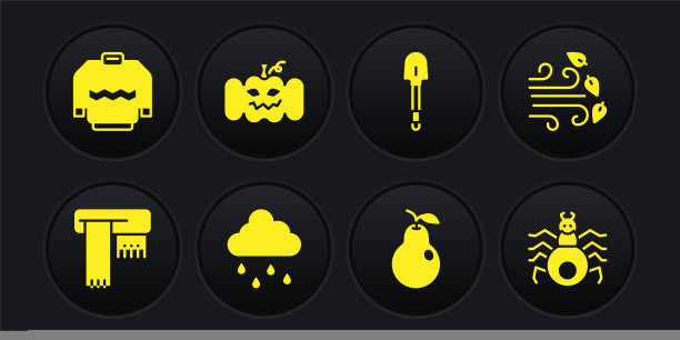 设置冬季围巾，风天气，云与雨，梨，铲，南瓜，蜘蛛和毛衣图标。向量图片下载