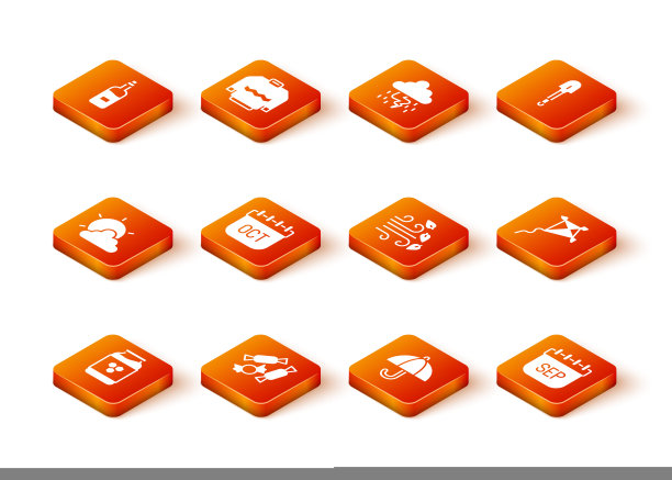 集罐蜂蜜，糖果，太阳云天气，十月日历秋天，伞，风，九月和风筝的图标。向量图片下载