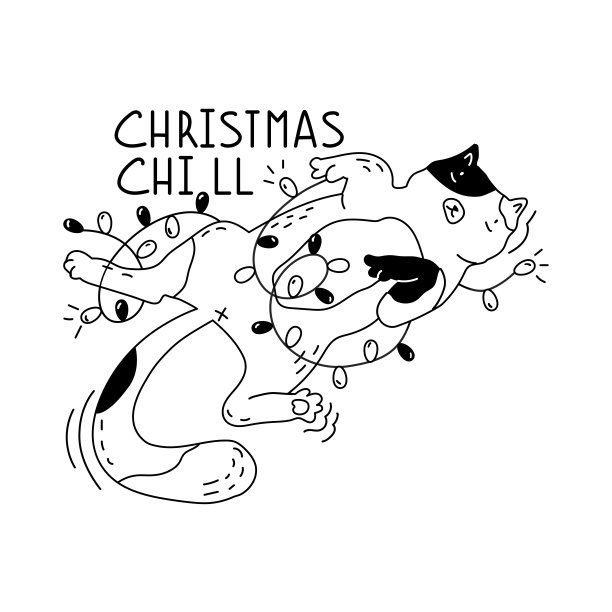 可爱的小猫咪缠在花环上。新年贴纸上有一只有趣的猫。节日聚会的贺卡。平面风格的矢量插图。孤立的白色背景。图片下载