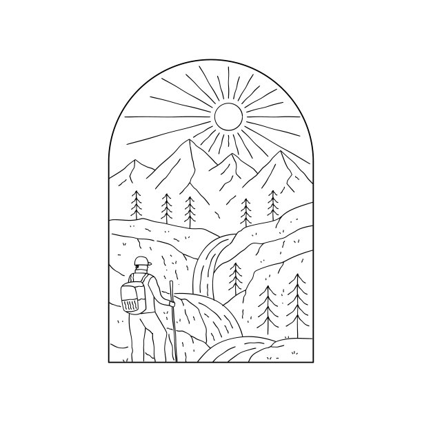 徒步旅行，露营人和山瀑布插图单线艺术，贴片徽章设计，徽章设计，t恤设计图片下载