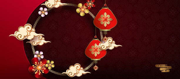 酒红色的构图，金色的圆框，纸艺术风格的花朵和灯笼图片下载