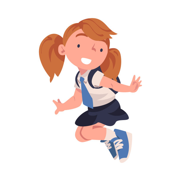 快乐的女孩小学生穿着校服，打着领带，背着背包，高兴地跳着，兴奋地想着返校的矢量插画图片下载