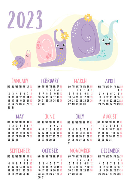 2023年的日历上有可爱的蜗牛幸福的家庭图片下载