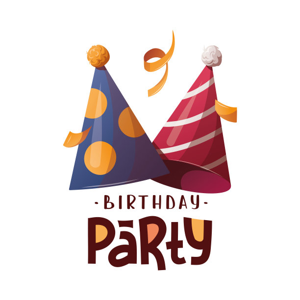 生日卡片上有帽子和“生日聚会”的手写字母。图片下载