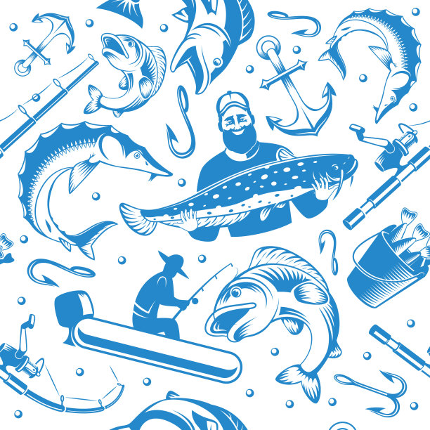 钓鱼的模式。活跃的爱好野生河流或海洋鱼类猎人与鱼竿时髦的矢量无缝单色背景图片下载