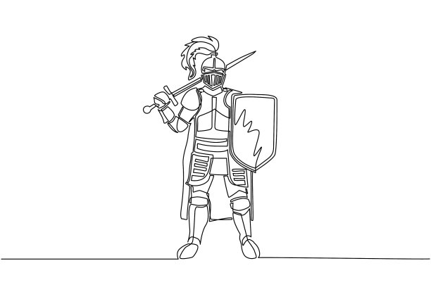 单线画中世纪骑士站立图片下载