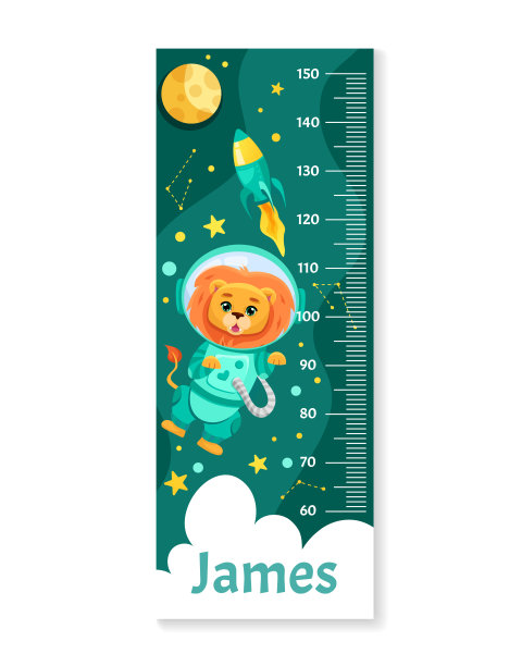 儿童身高图与动物宇航员在太空服，行星，宇宙飞船，火箭，恒星和月亮。米墙或生长尺。矢量卡通儿童插画图片下载