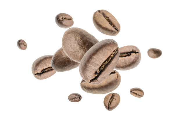 咖啡飞豆背景。黑色浓缩咖啡颗粒下降。纯朴的咖啡豆落在白色的背景上。代表早餐，能量，新鲜或伟大的香气概念。图片下载