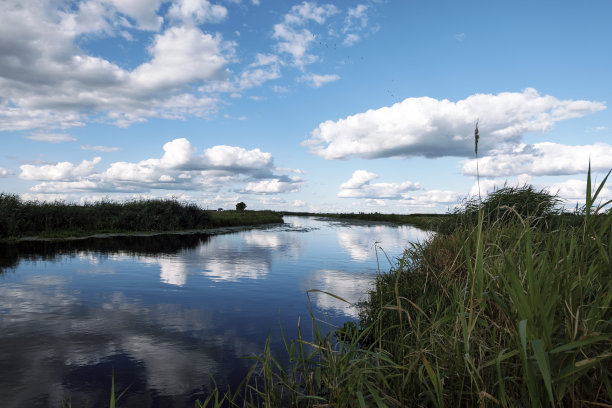 云在水中倒影。野生河流自然与穆迪云景。掠过沼泽和美丽的天空。波兰Biebrza国家公园的乡村景观。图片下载