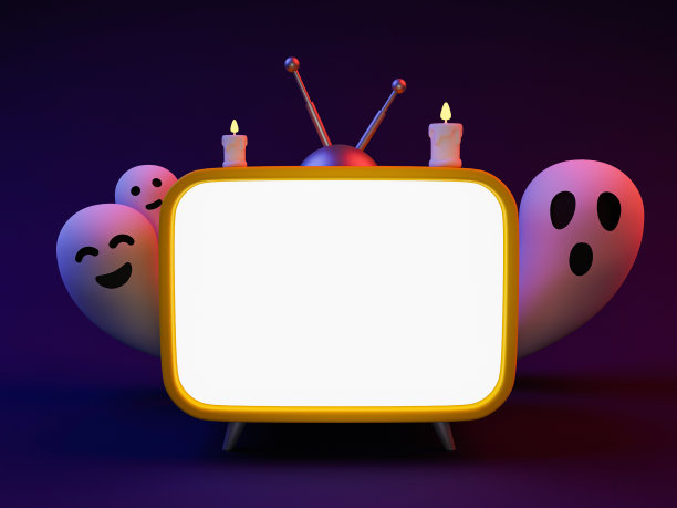 3d最小恐怖万圣节主题。万圣节的模板。空白电视屏幕模板。电视屏幕发光与复制空间和幽灵旁边的电视。3 d渲染。图片下载