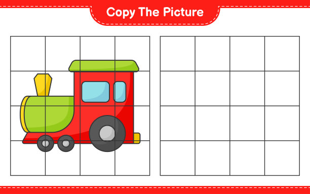 复制图片，用网格线复制火车的图片。教育儿童游戏，可打印的工作表，矢量插图图片下载