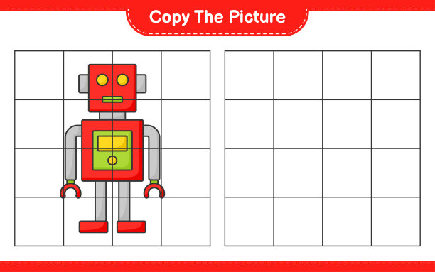 复制图片，用网格线复制机器人角色的图片。教育儿童游戏，可打印的工作表，矢量插图图片下载