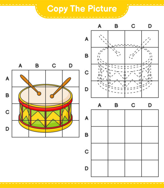 复制图片，用网格线复制Drum的图片。教育儿童游戏，可打印的工作表，矢量插图图片下载