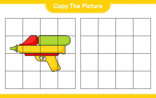 复制图片，用网格线复制水枪的图片。教育儿童游戏，可打印的工作表，矢量插图图片下载